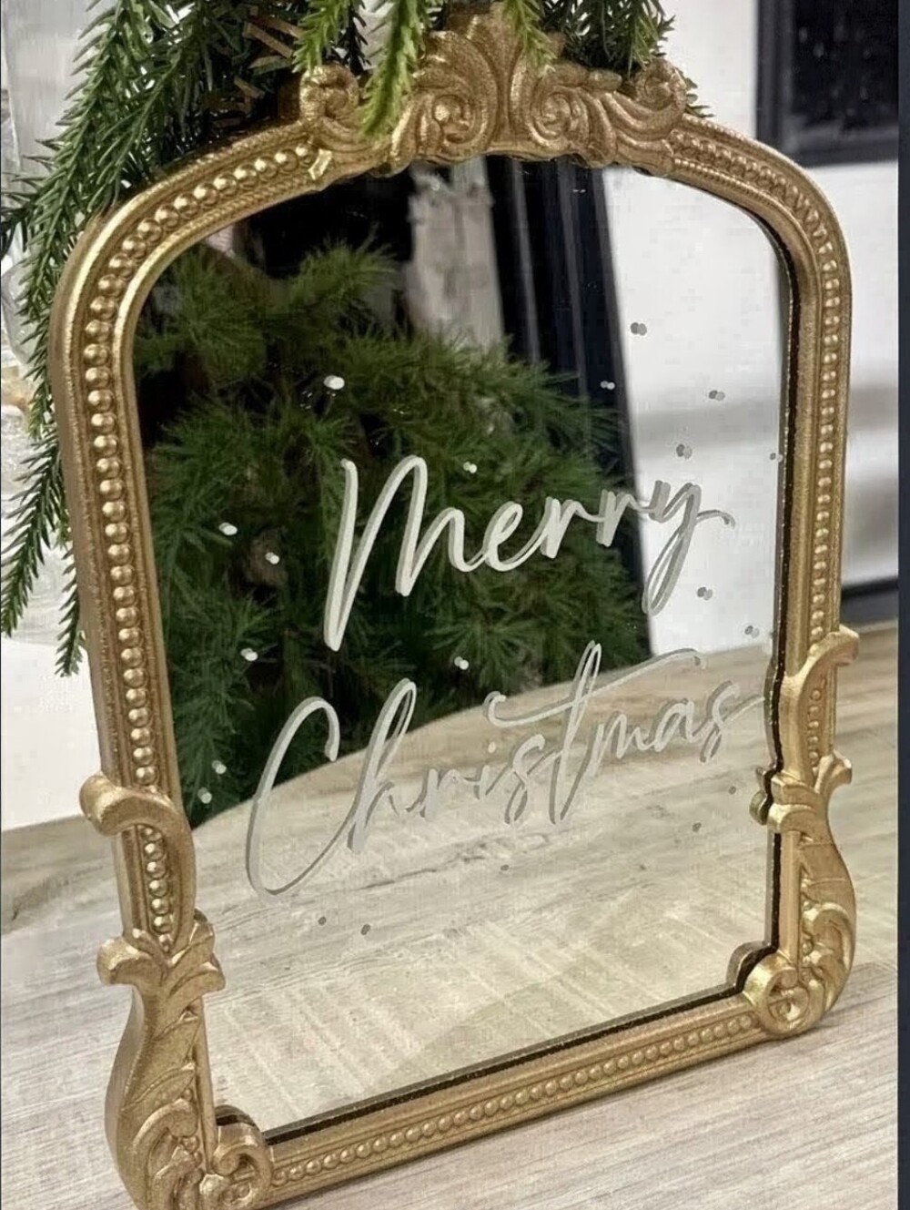 Vintage-Style Gold Ornate Mirror with "Merry Christmas" Script